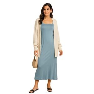 Bobeau Womens Square Neck Short Sleeve Midi Dress Dusty Blue Size S